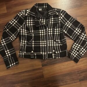 Women's Black‎ White Check Crop Biker Jacket Satin Lined Size Large